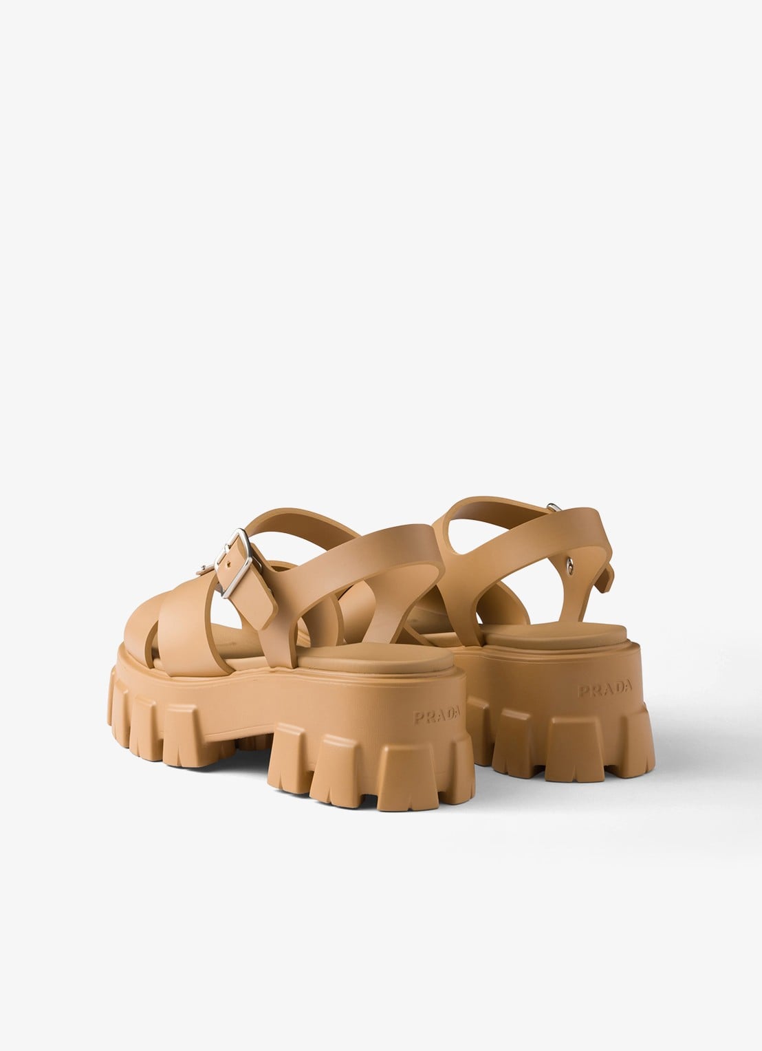 Prada Monolith sandaal van rubber met logo - achterkant camel