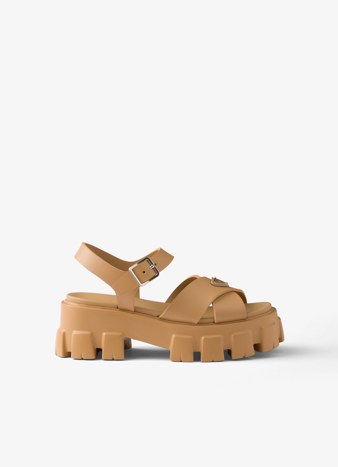 Prada Monolith sandaal van rubber met logo - voorkant 3 camel