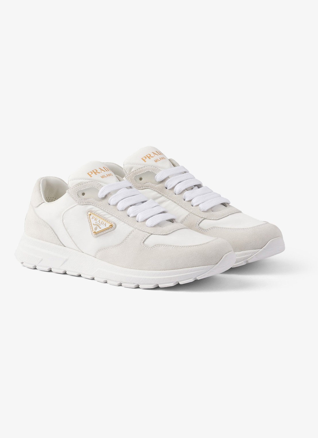 Prada Prax 2.0 Re-Nylon sneaker met suède details - voorkant 4 gebroken wit