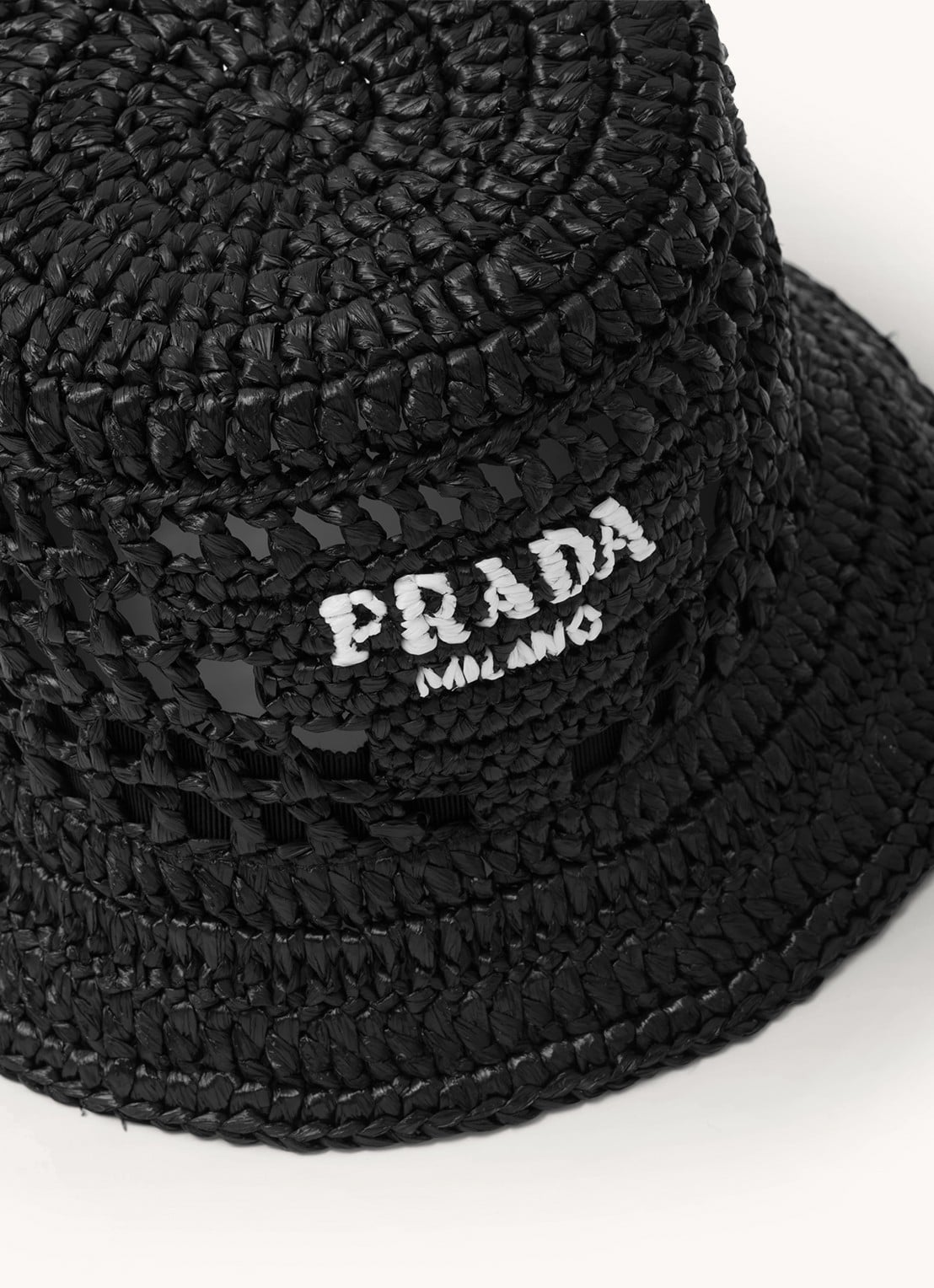 Prada Raffia bucket hoed van stro - detail zwart