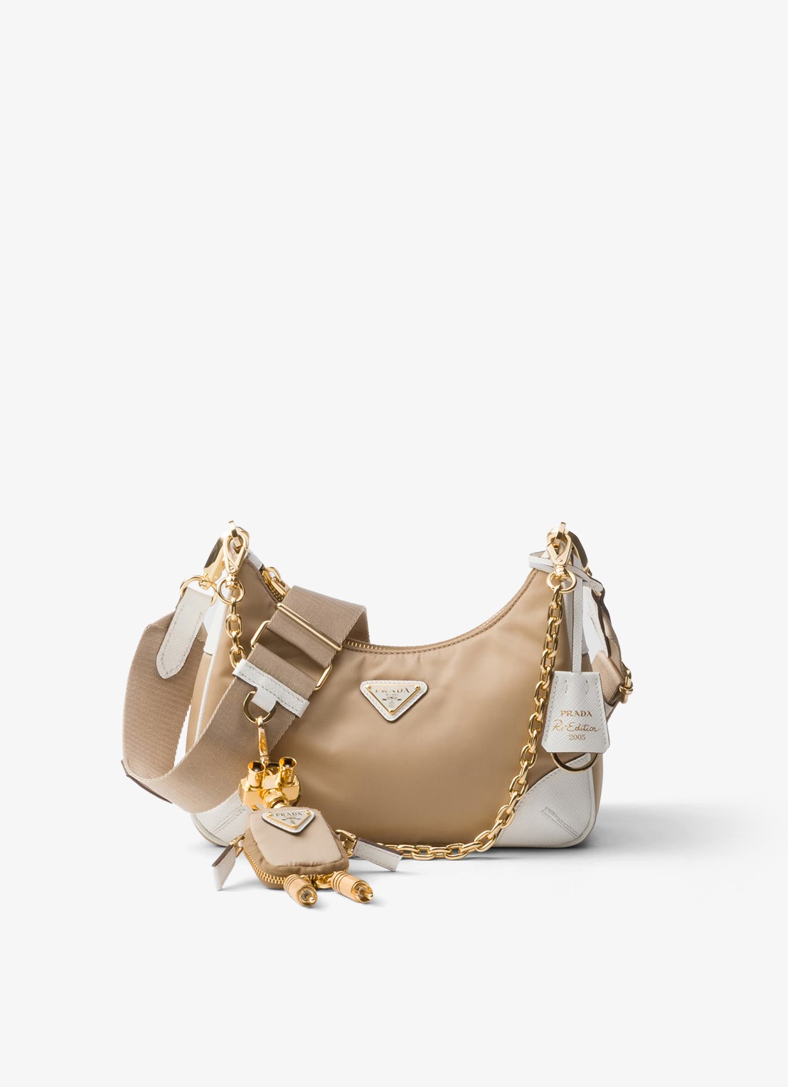 Prada Re-Edition 2005 Re-Nylon schoudertas met leren details - voorkant donkerbeige