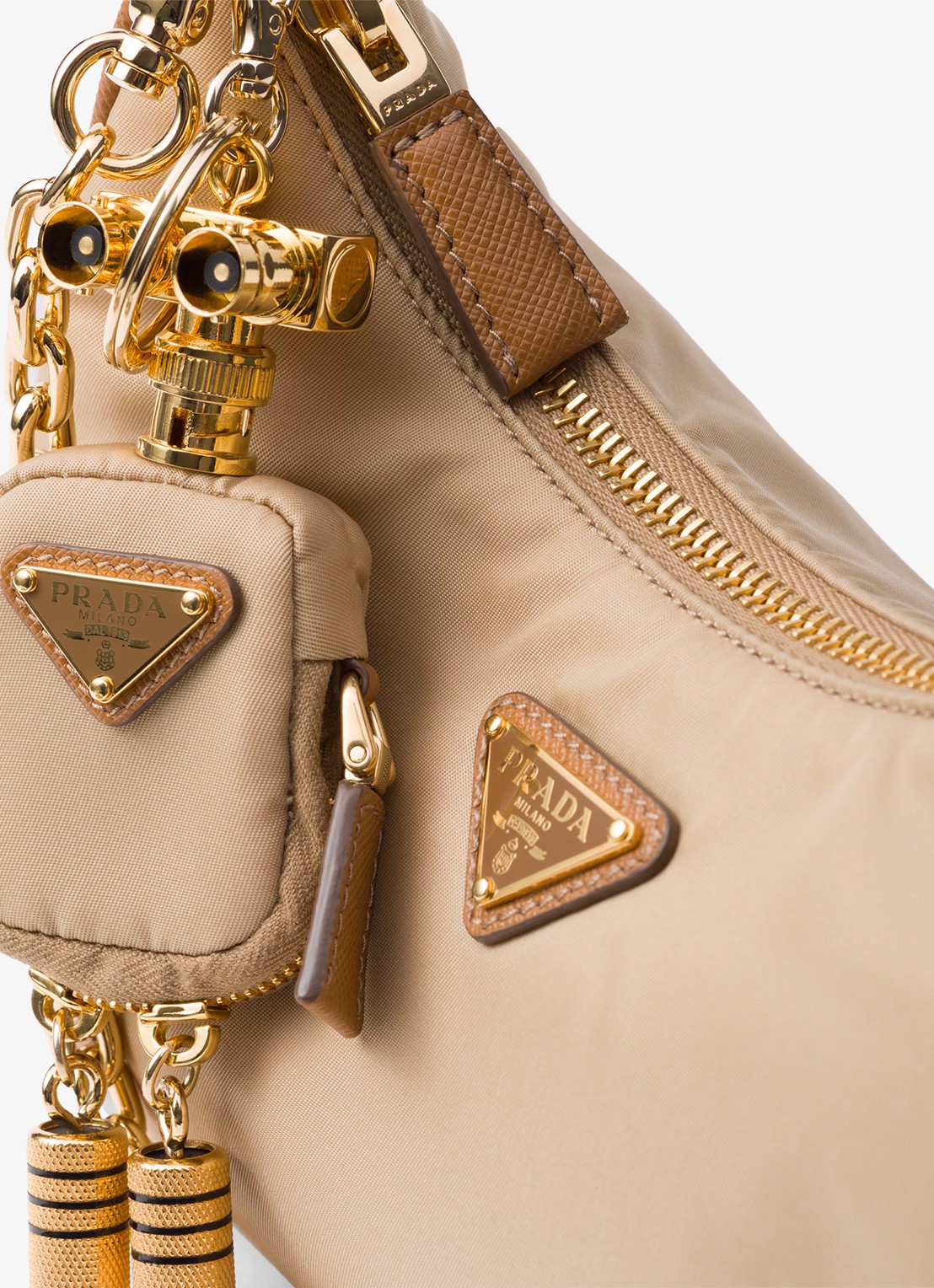 Prada Re-Edition 2005 Re-Nylon schoudertas met leren details - detail 2 lichtbruin