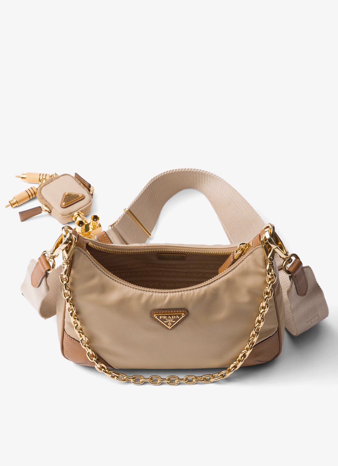 Prada Re-Edition 2005 Re-Nylon schoudertas met leren details - detail 4 lichtbruin
