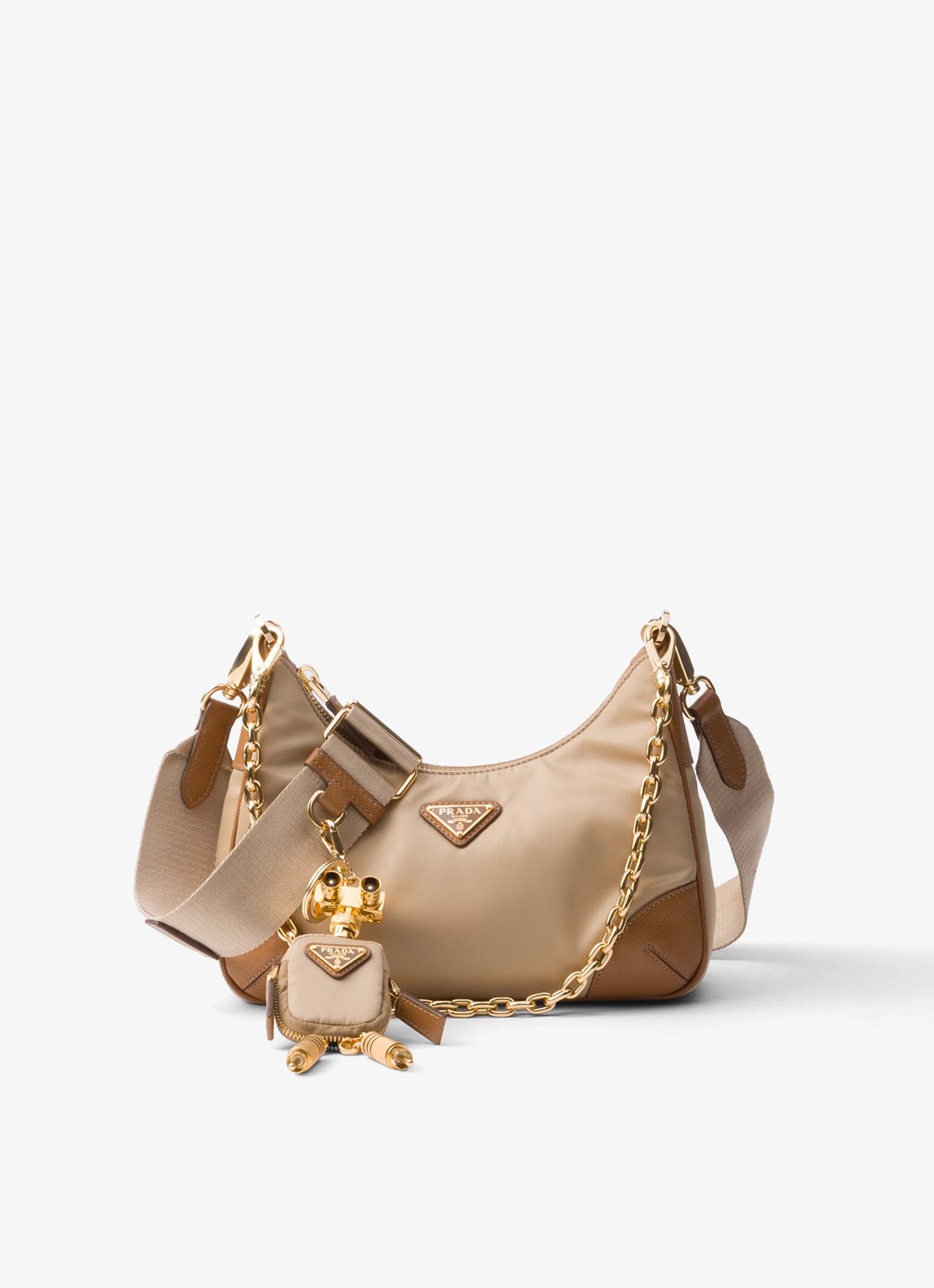 Prada Re-Edition 2005 Re-Nylon schoudertas met leren details - voorkant 5 lichtbruin