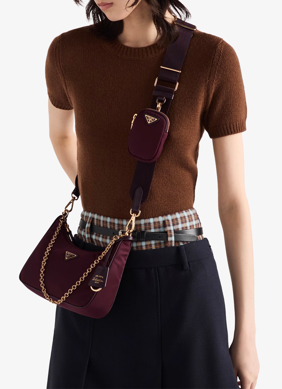 Prada Re-Edition 2005 Re-Nylon schoudertas met leren details - voorkant 7 bordeauxrood
