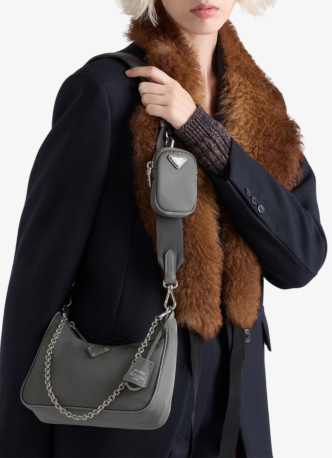 Prada Re-Edition 2005 Re-Nylon schoudertas met leren details - voorkant 3 grijs