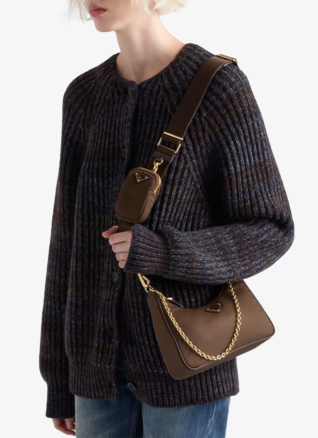 Prada Re-Edition 2005 Re-Nylon schoudertas met leren details - voorkant 2 donkerbruin