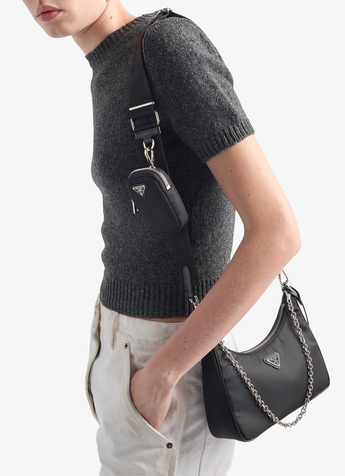 Prada Re-Edition 2005 Re-Nylon schoudertas met leren details - detail 5 zwart