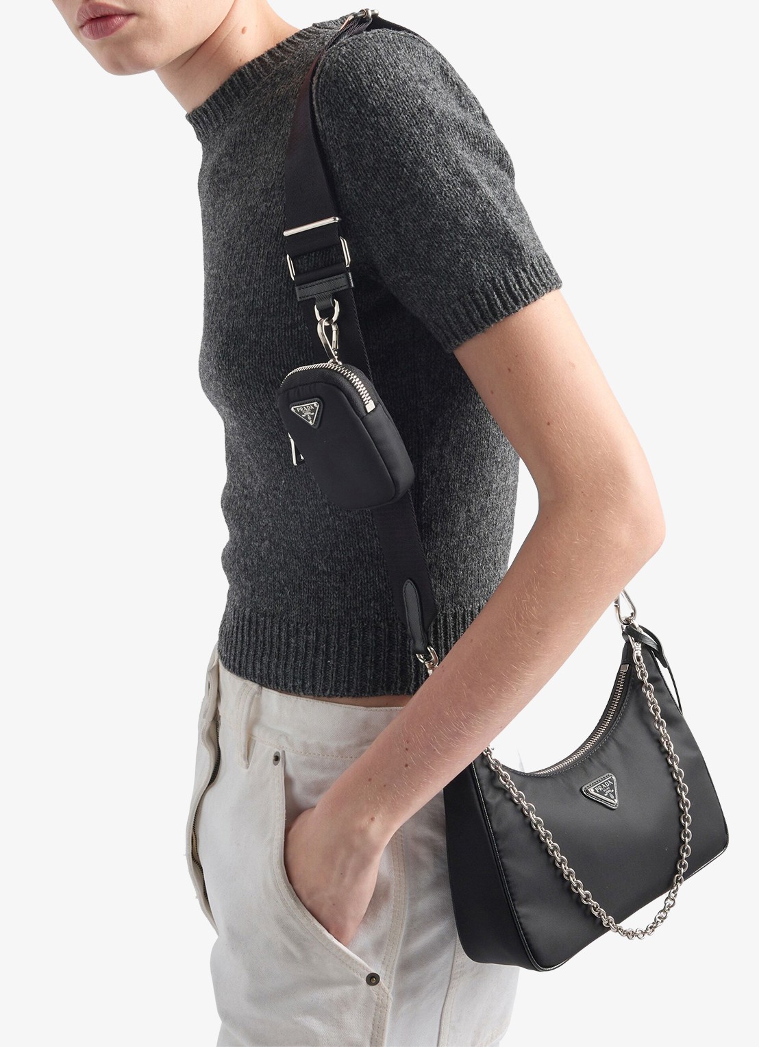 Prada Re-Edition 2005 Re-Nylon schoudertas met leren details - voorkant 6 zwart