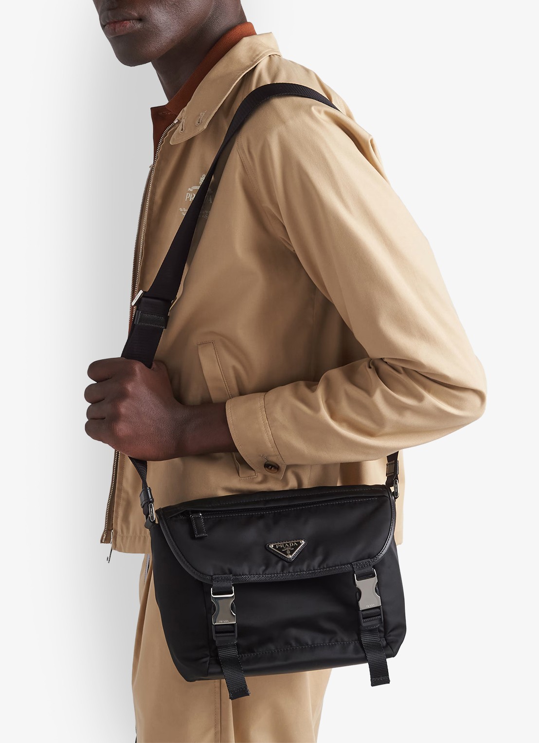 Prada Re-Nylon crossbodytas met leren details - voorkant 7 zwart