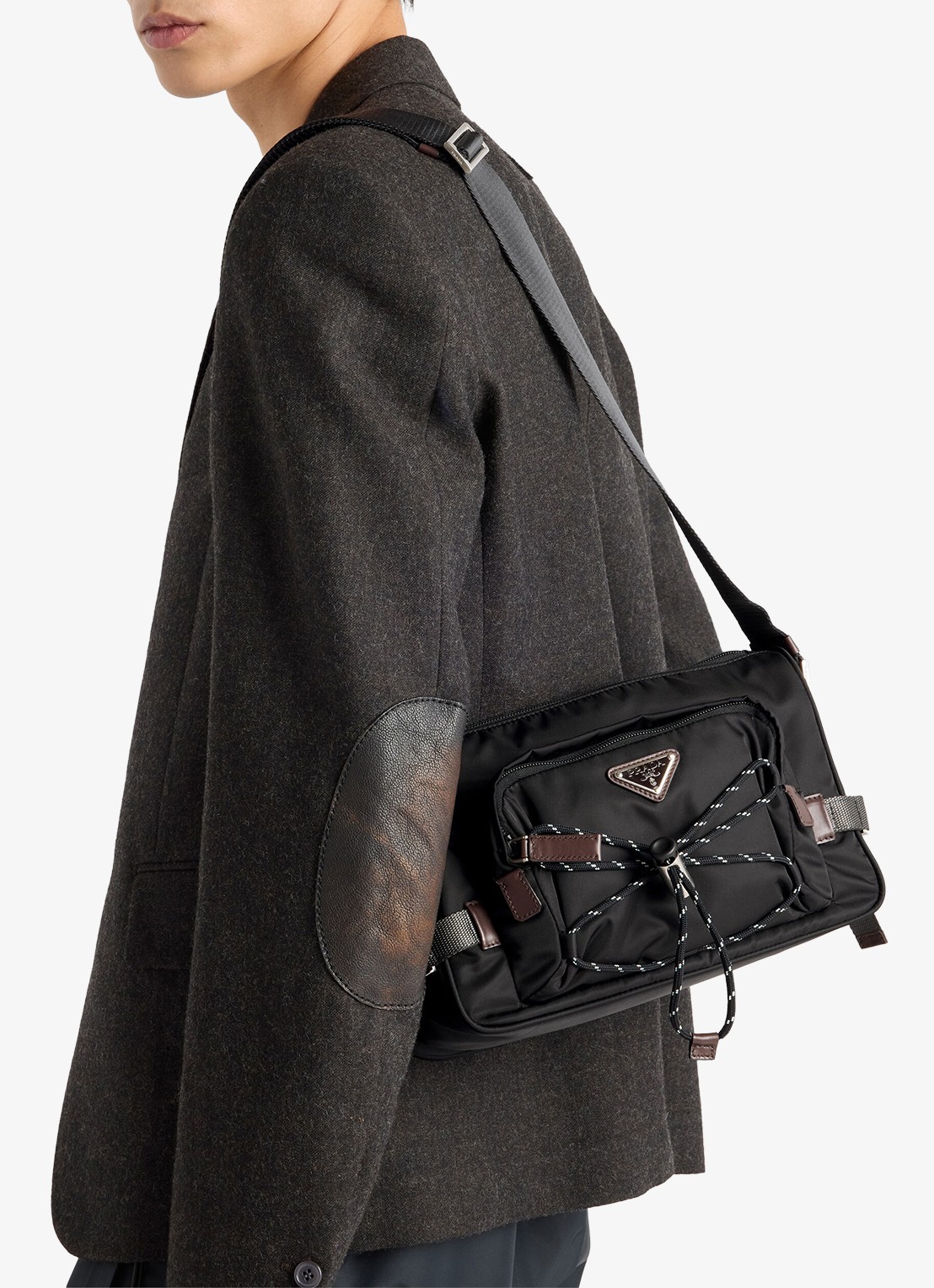 Prada Re-Nylon Medium schoudertas met leren details - voorkant 3 diepzwart