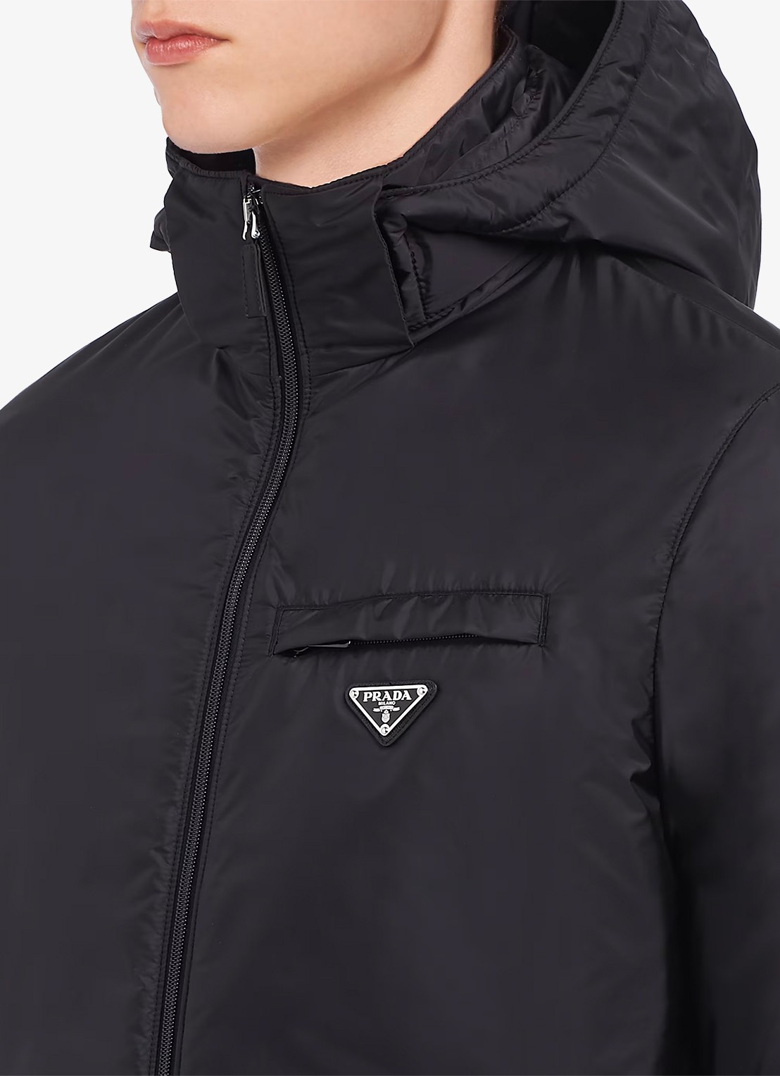Prada Re-Nylon puffer jack met afneembare capuchon - detail 5 zwart
