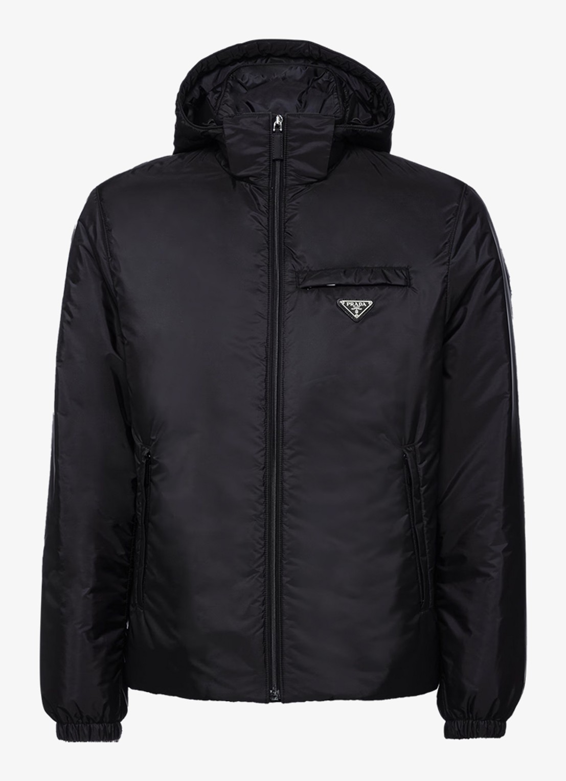 Prada Re-Nylon puffer jack met afneembare capuchon - voorkant zwart