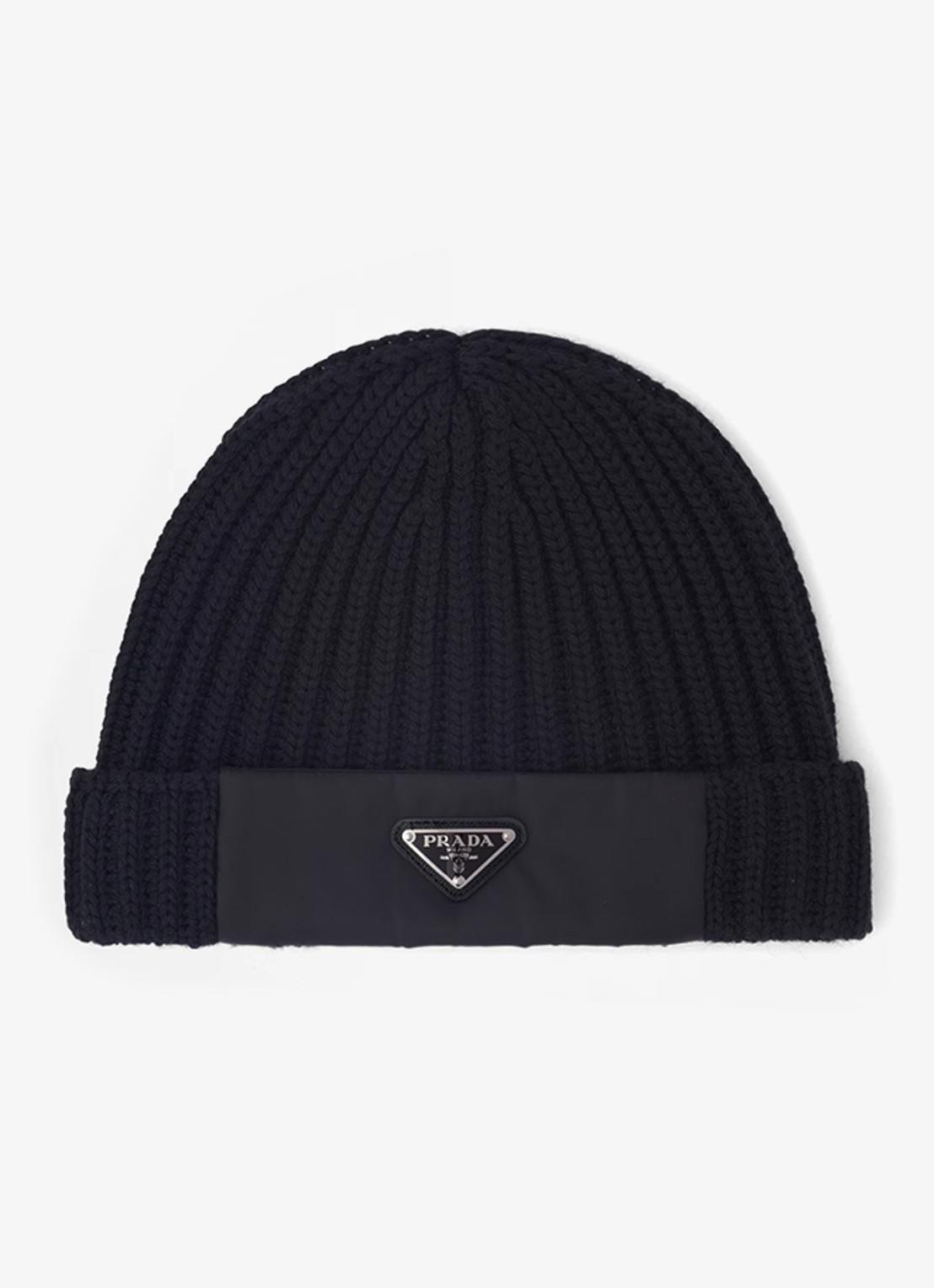 Prada Re-Nylon ribgebreide muts met logo - voorkant zwart