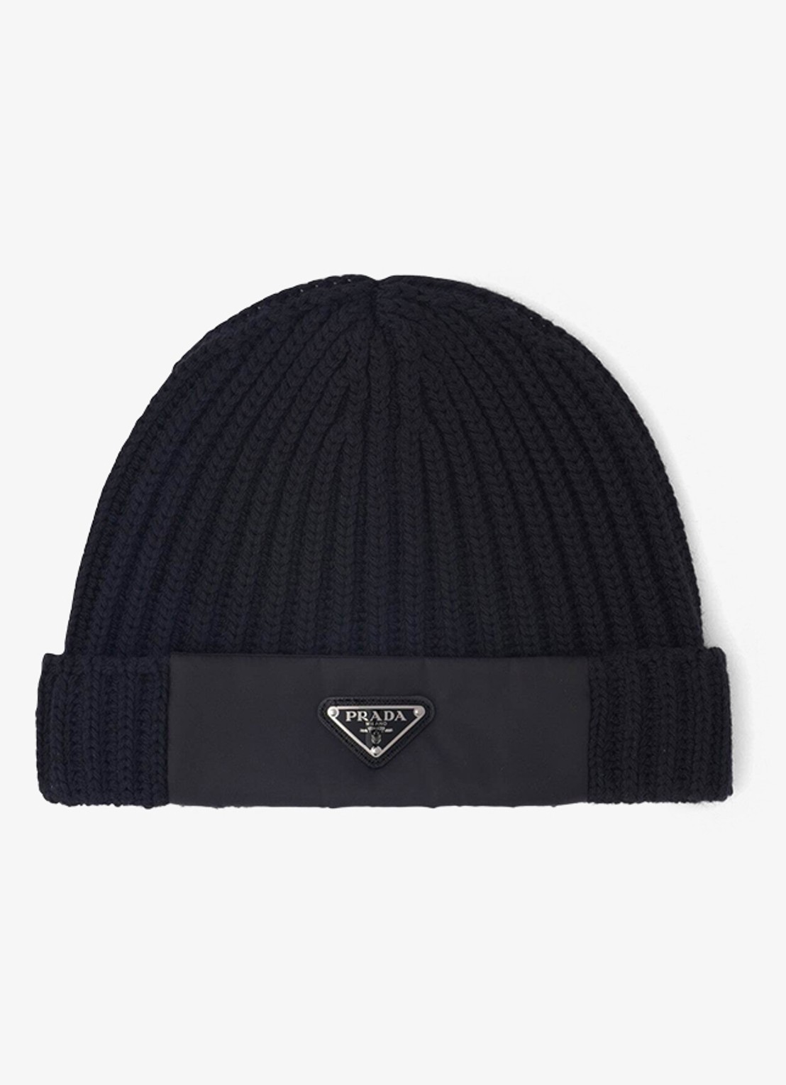 Prada Re-Nylon ribgebreide muts met logo - voorkant 2 zwart