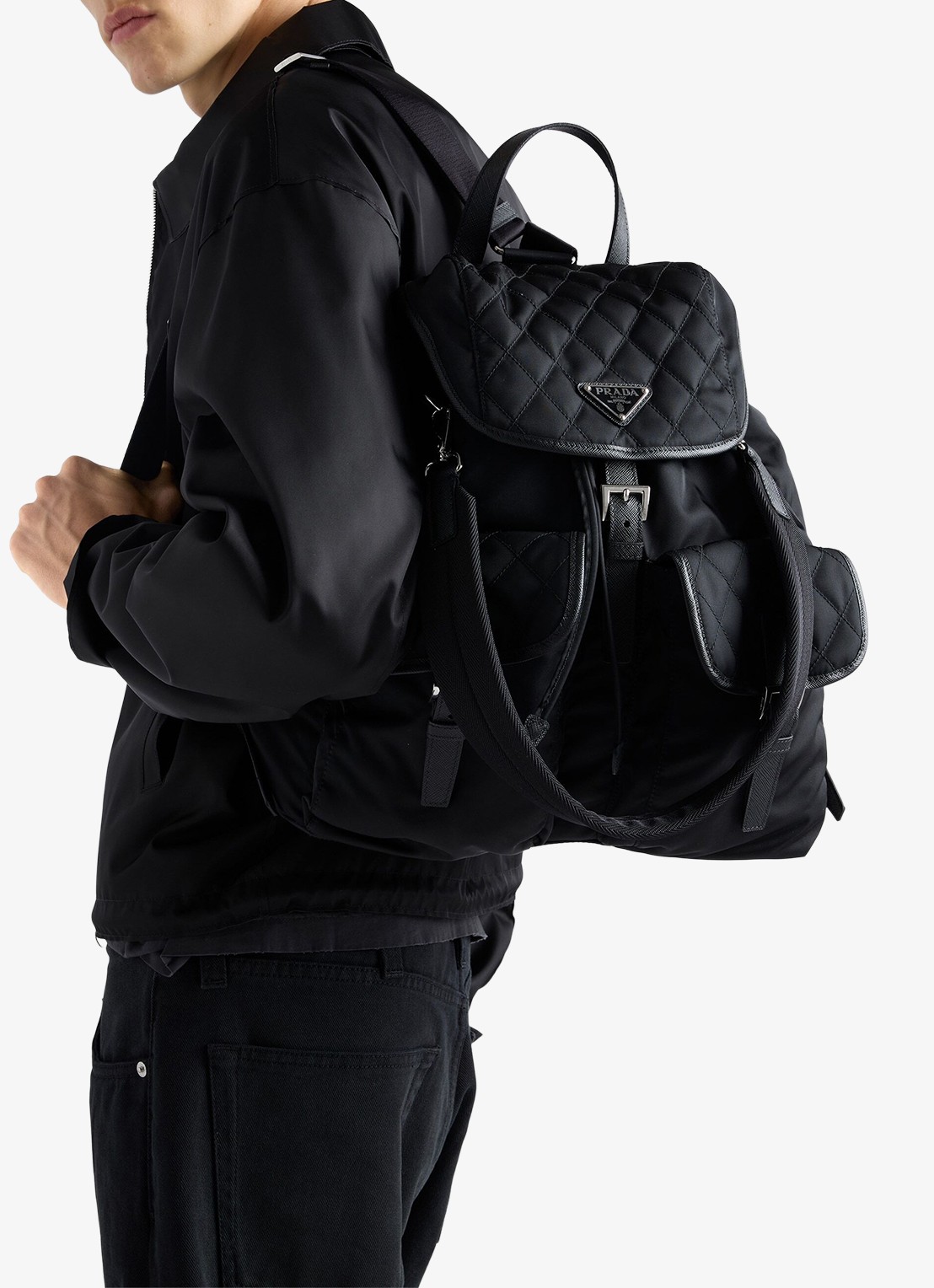 Prada Re-Nylon rugzak met leren details - voorkant 7 zwart