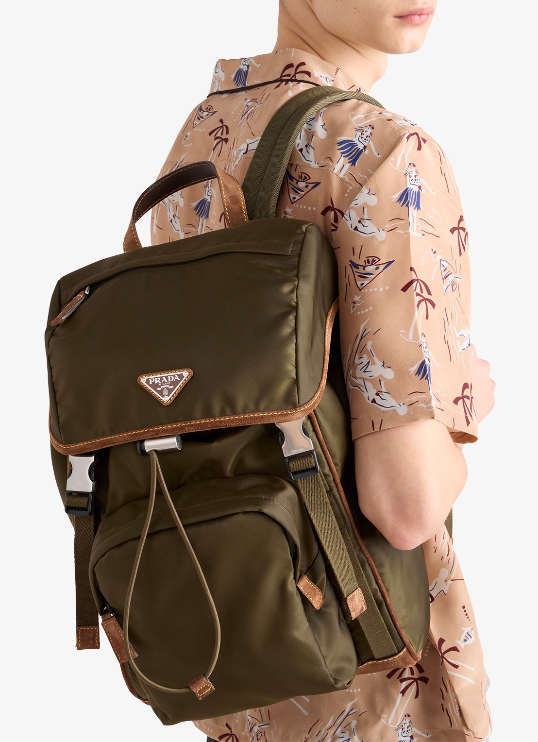 Prada Re-Nylon rugzak met leren details - voorkant 2 legergroen