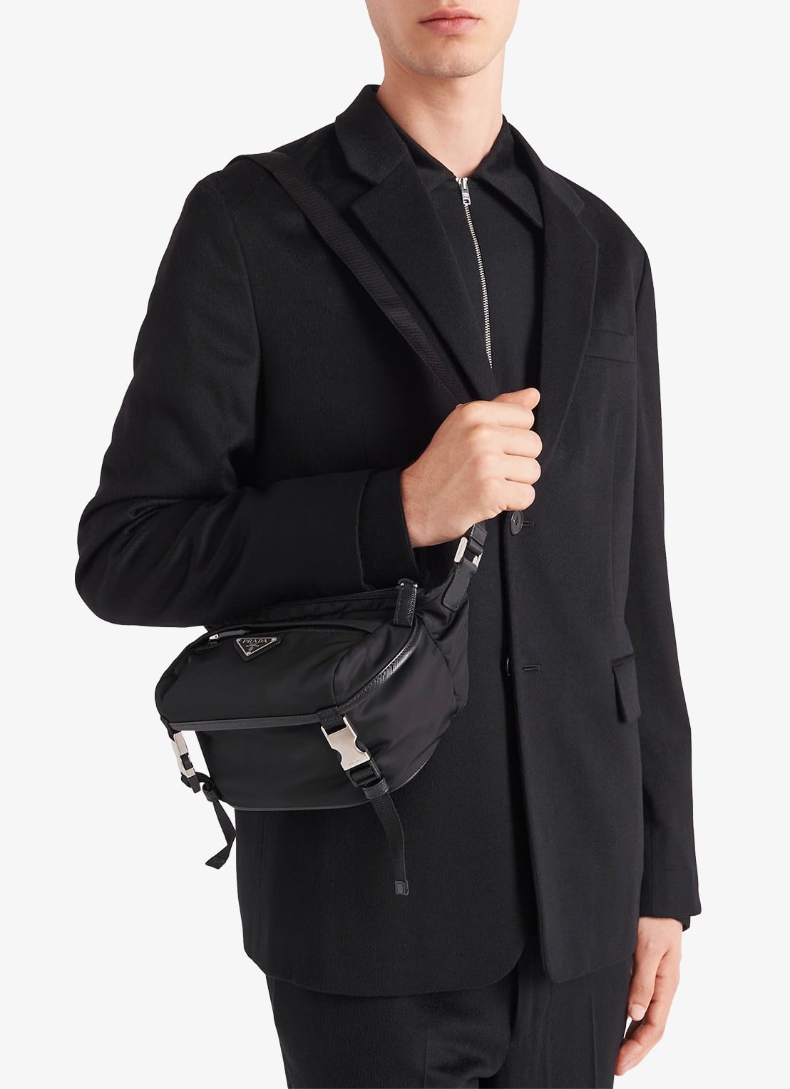 Prada Re-Nylon schoudertas met leren details - voorkant 7 zwart