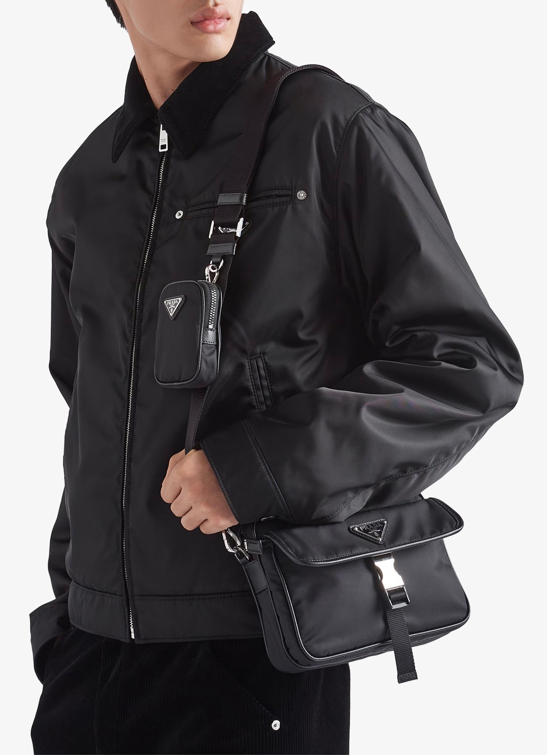 Prada Re-Nylon schoudertas met leren details - voorkant 3 zwart