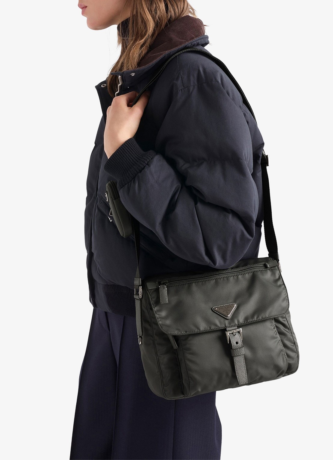 Prada Re-Nylon schoudertas met leren details - voorkant 2 donkergrijs