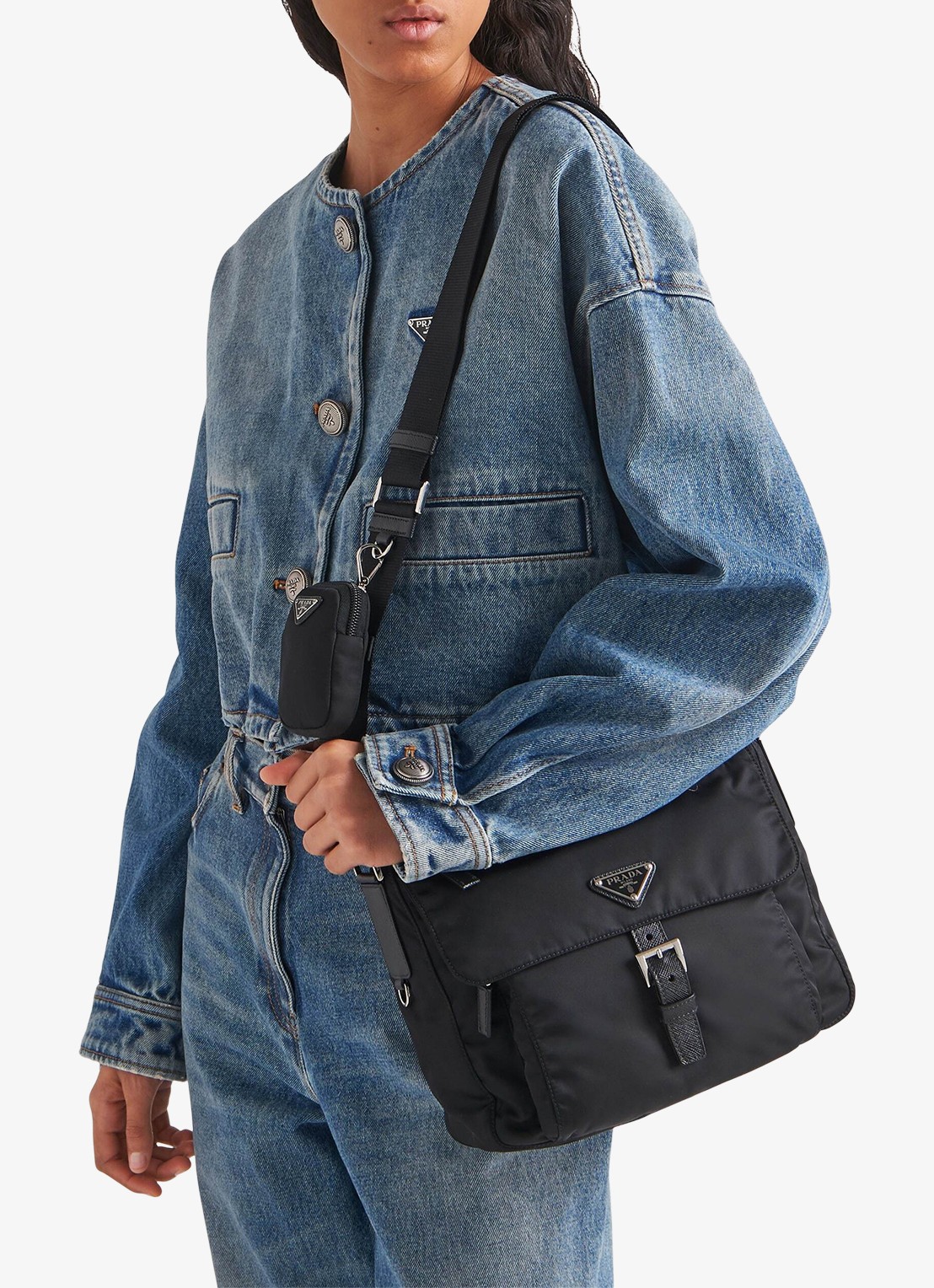 Prada Re-Nylon schoudertas met leren details - voorkant 7 zwart
