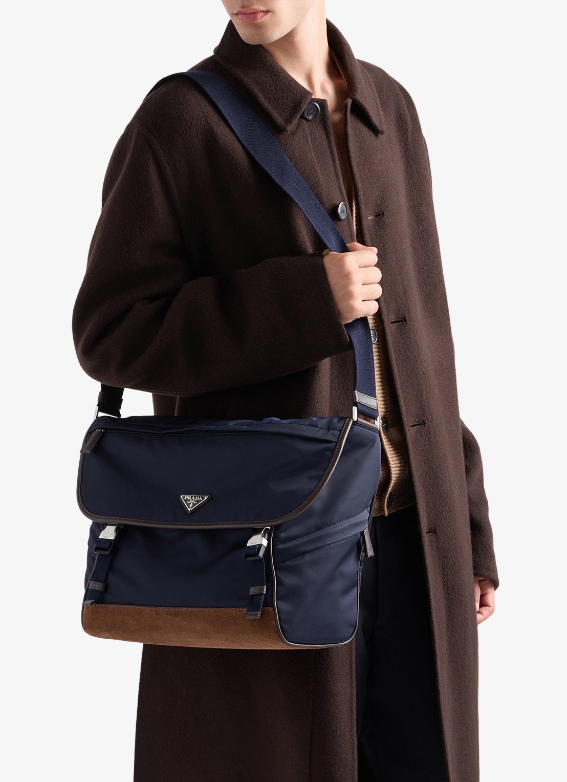 Prada Re-Nylon schoudertas met leren details - voorkant 3 donkerblauw