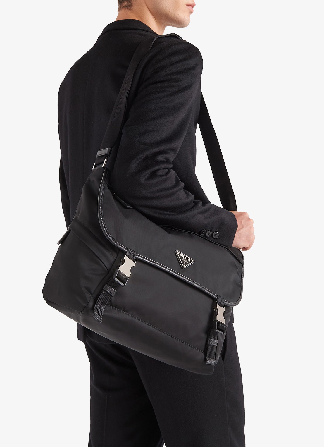 Prada Re-Nylon schoudertas met leren details - voorkant 3 zwart