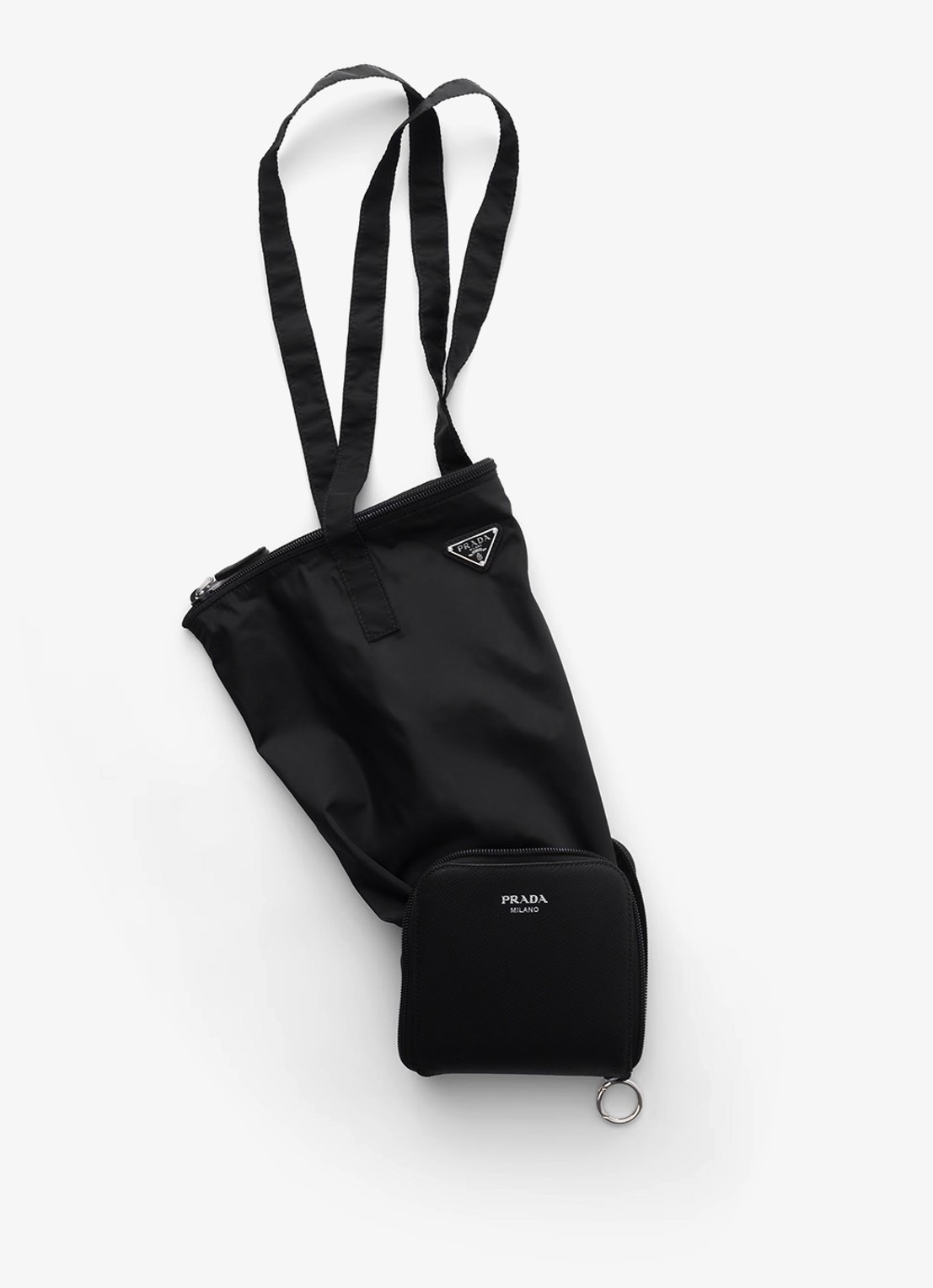 Prada Re-Nylon tasbedel van leer met opbergbare tas - detail 3 zwart