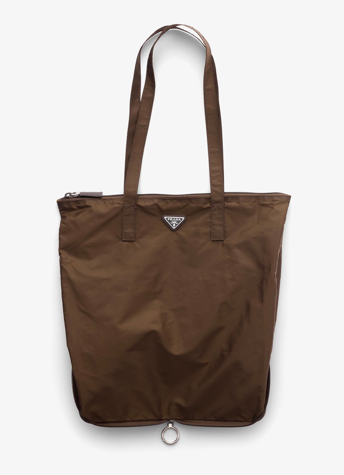 Prada Re-Nylon tasbedel van leer met opbergbare tas - detail 3 donkerbruin