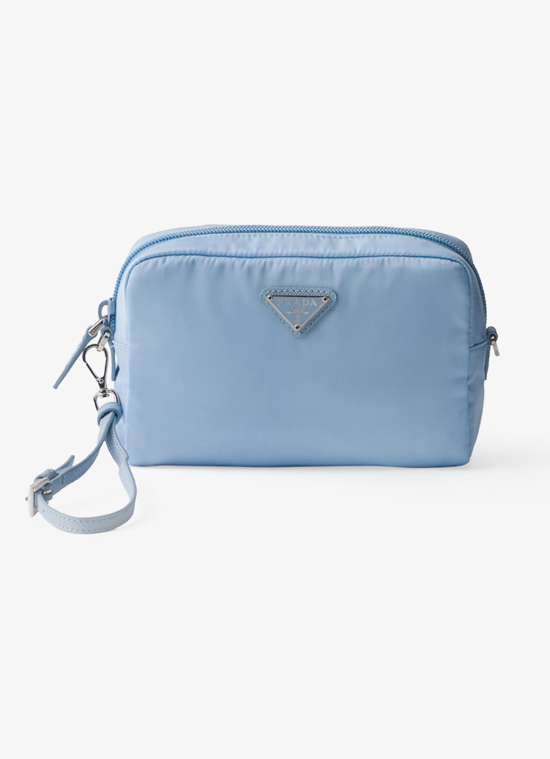 Prada Re-Nylon toilettas met leren details en logo - voorkant 3 lichtblauw