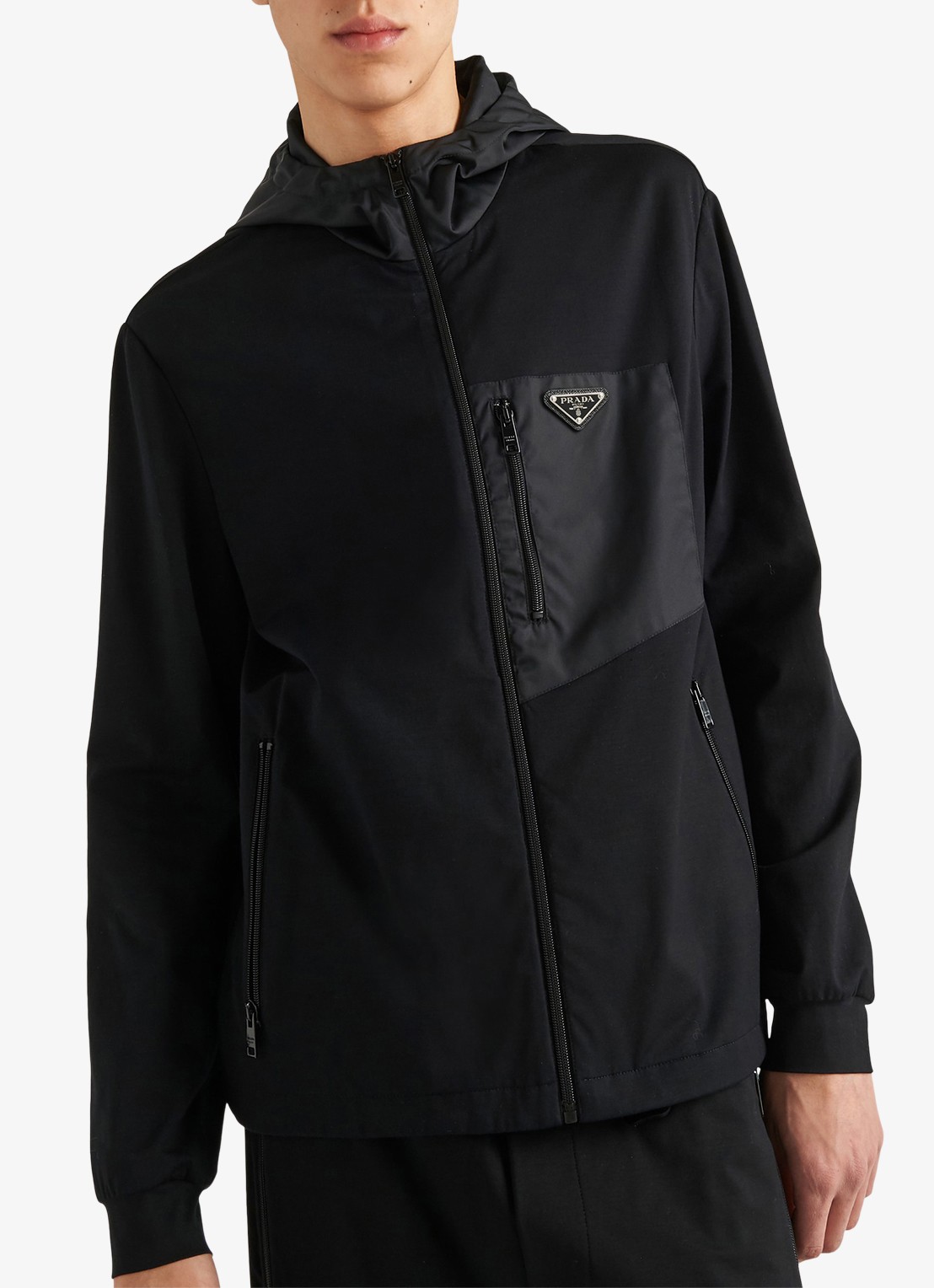 Prada Re-Nylon trackvest met capuchon en contrast - detail 2 zwart