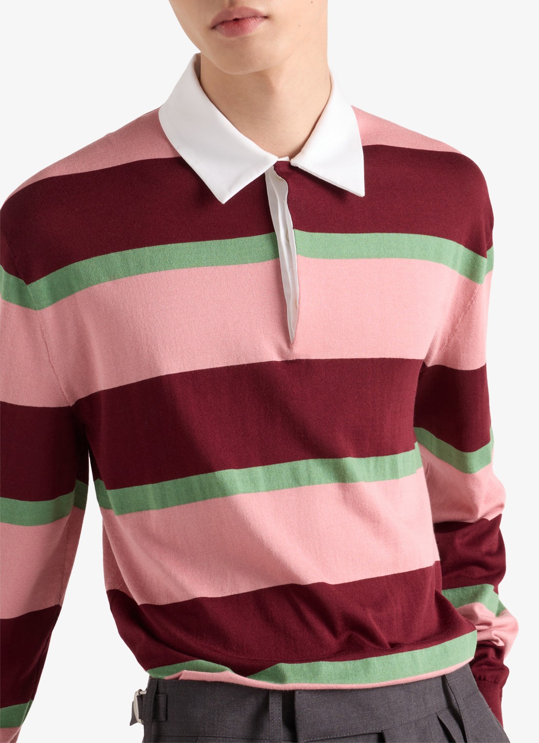 Prada Regular fit polo in zijdeblend met streepprint - detail 2 bordeauxrood
