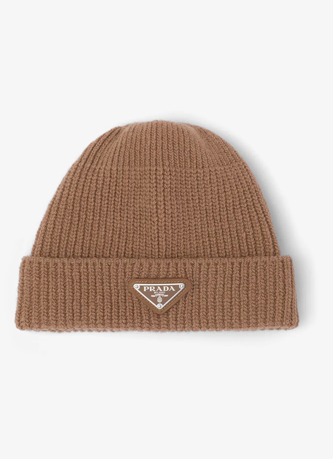Prada Ribgebreide muts in kasjmierblend met logo - voorkant bruin