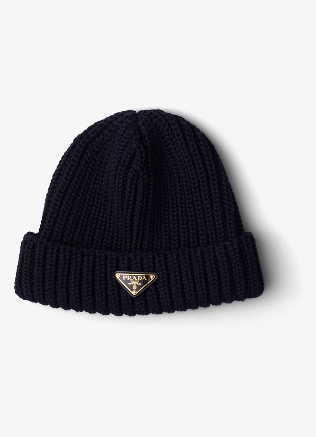 Prada Ribgebreide muts van scheerwol met logo - voorkant donkerblauw