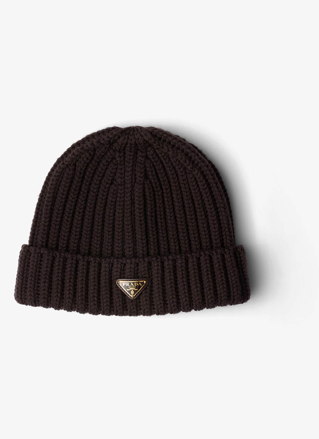 Prada Ribgebreide muts van scheerwol met logo - voorkant 2 donkerbruin