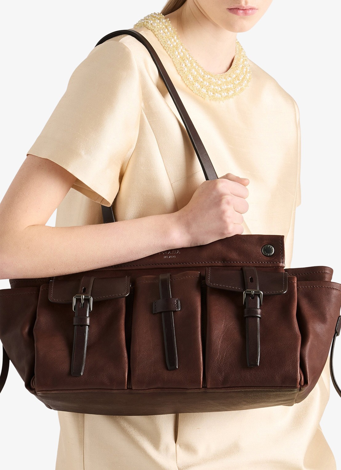 Prada Route Large schoudertas van leer - voorkant 6 bruin