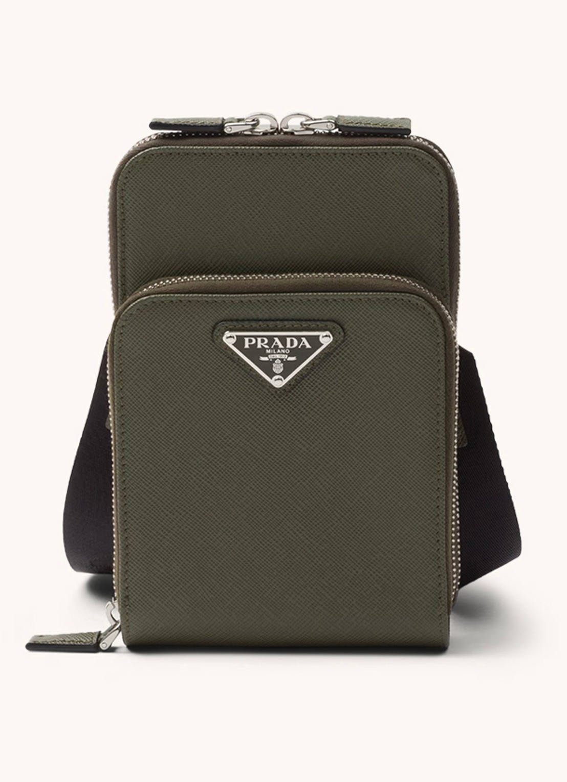 Prada Saffiano crossbody telefoonhoes van leer - voorkant legergroen