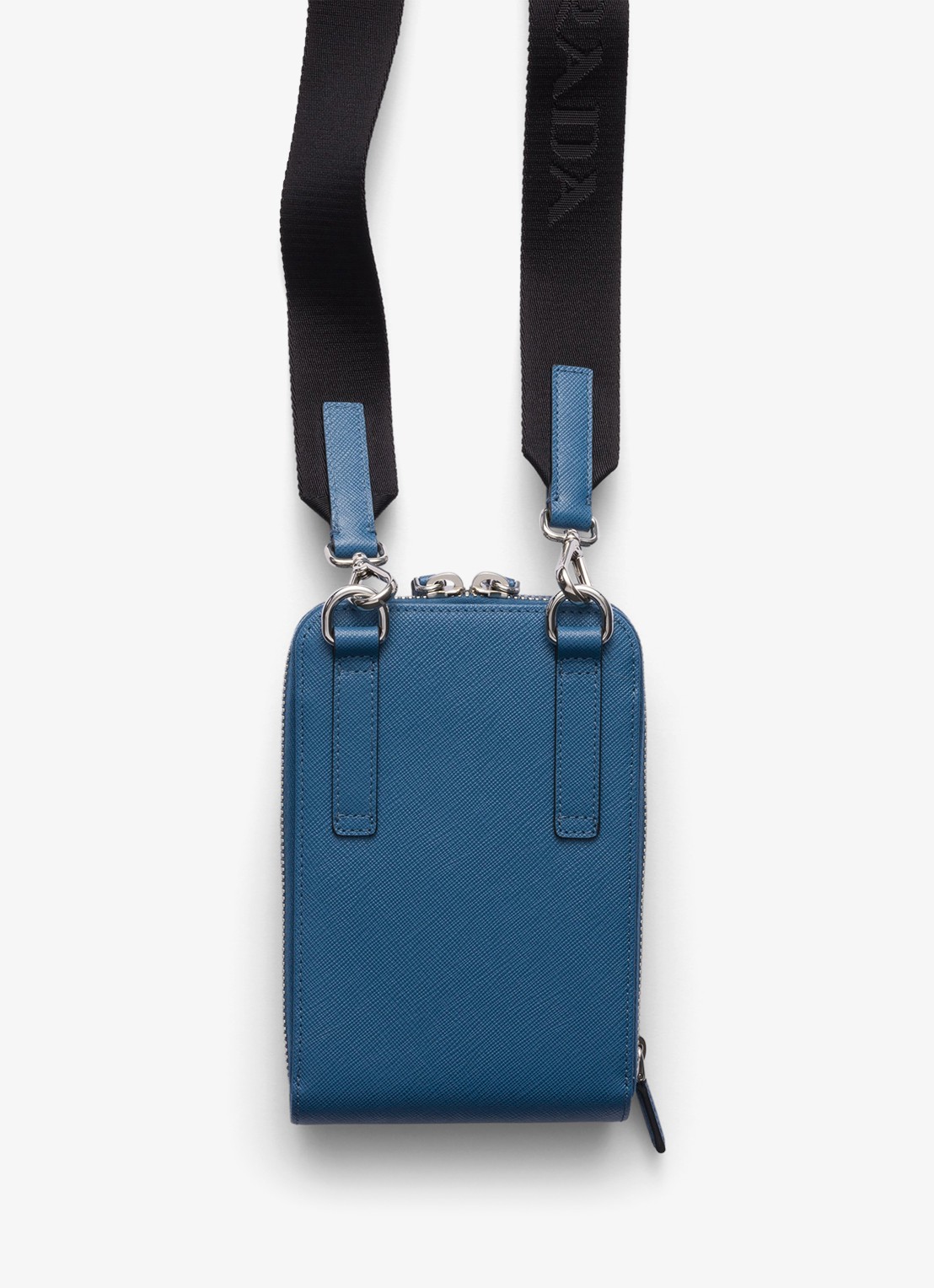 Prada Saffiano crossbody telefoonhoes van leer - achterkant 3 staalblauw