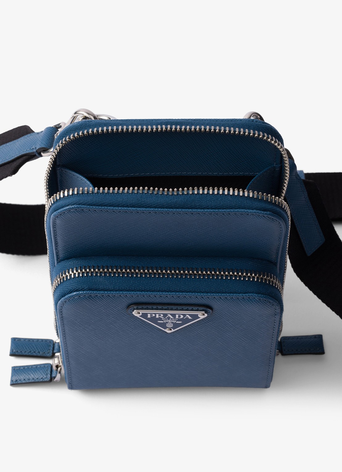 Prada Saffiano crossbody telefoonhoes van leer - voorkant 2 staalblauw