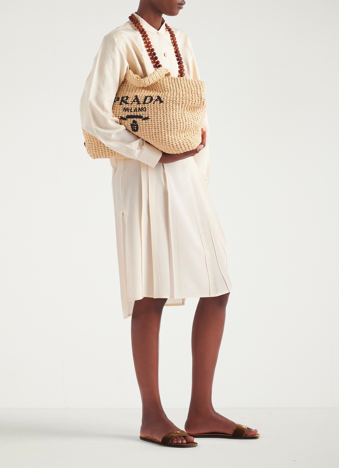 Prada Shopper van crochet met logo - detail 5 lichtbruin