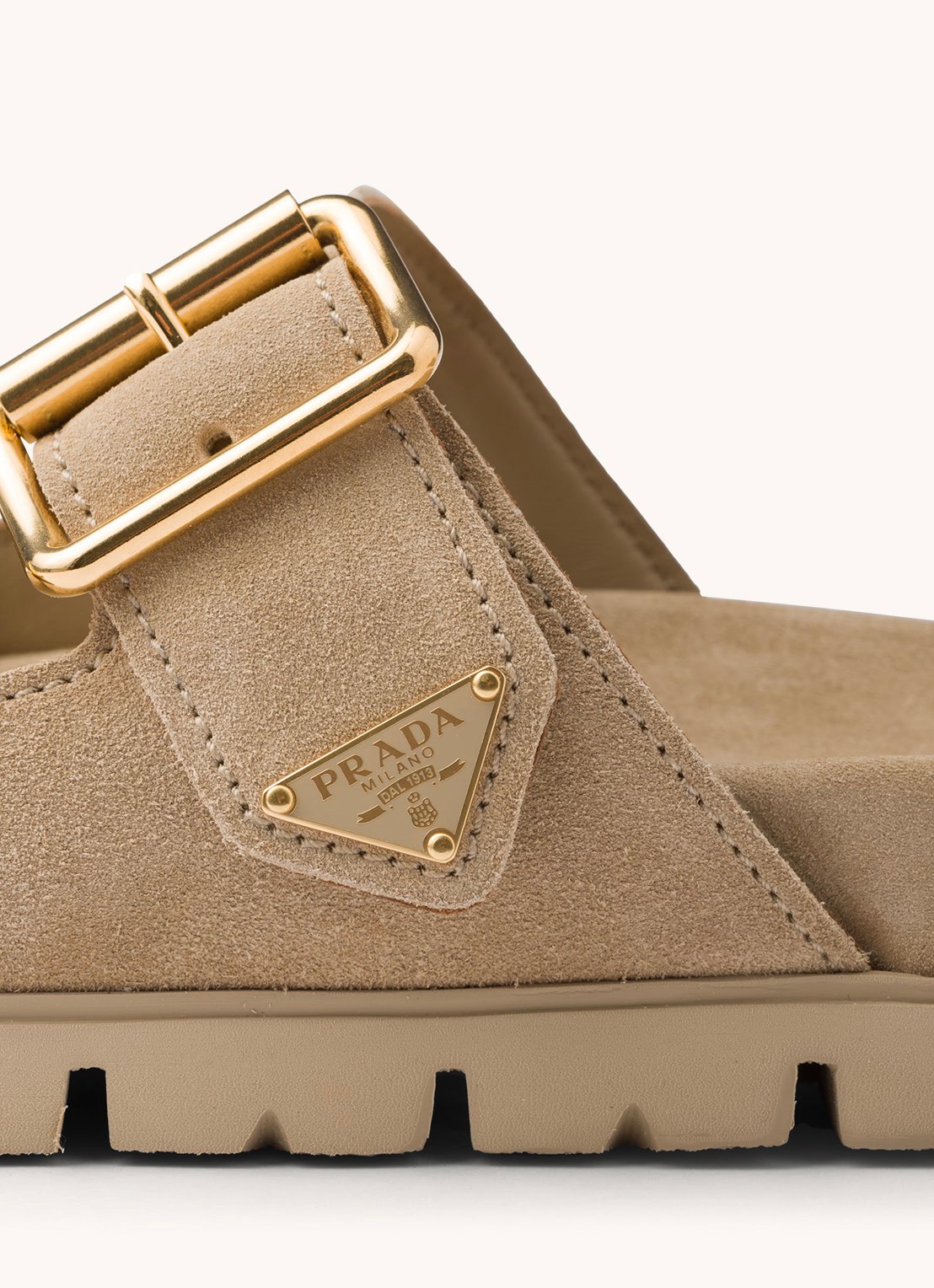 Prada Slipper van suède - detail 6 donkerbeige