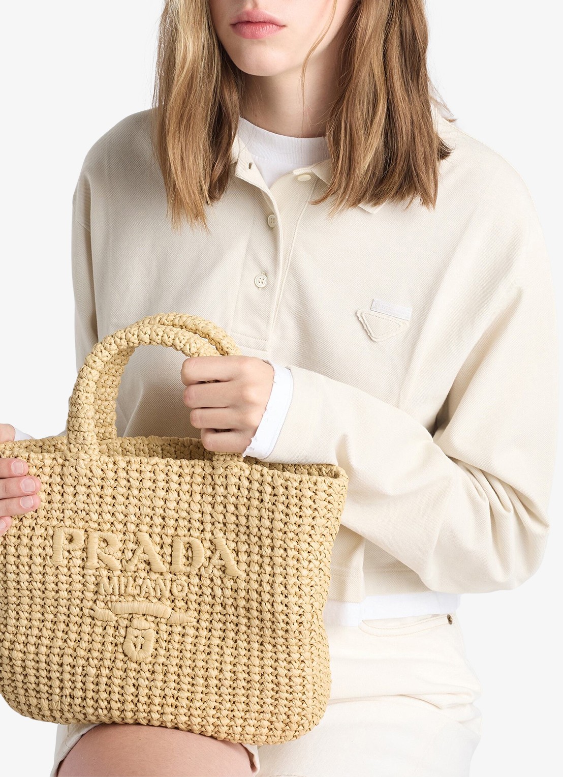 Prada Small handtas van crochet met logo - detail 4 lichtbruin