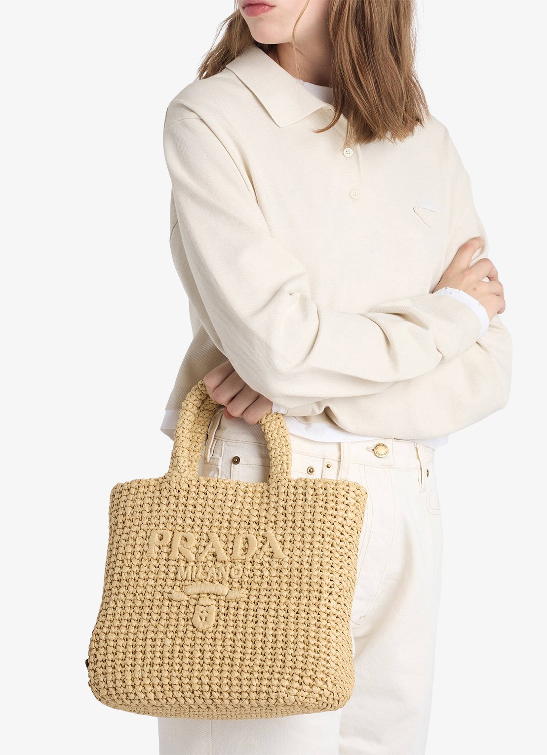 Prada Small handtas van crochet met logo - voorkant 6 lichtbruin