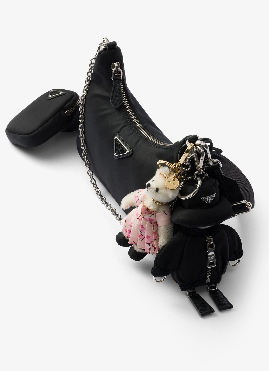 Prada Soft Robot Re-Nylon sleutelhanger met afneembaar koord - voorkant 2 zwart
