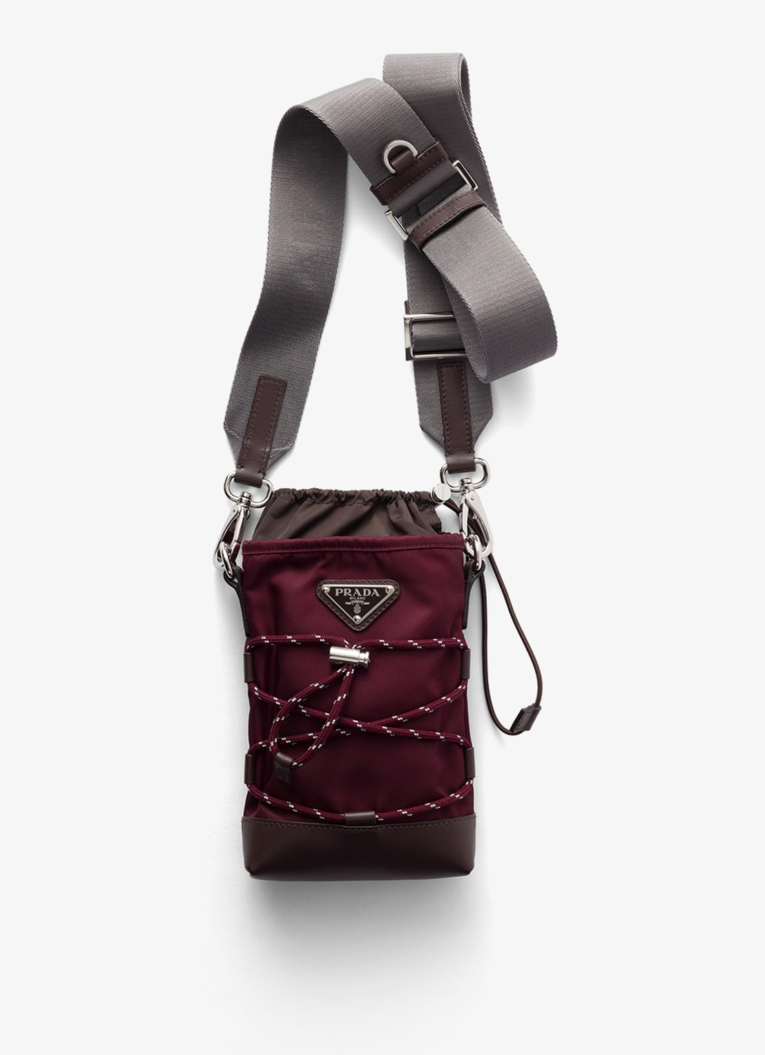 Prada Speedrock Re-Nylon telefoonhoesje met leren details en afneembare schouderriem - voorkant 2 bordeauxrood