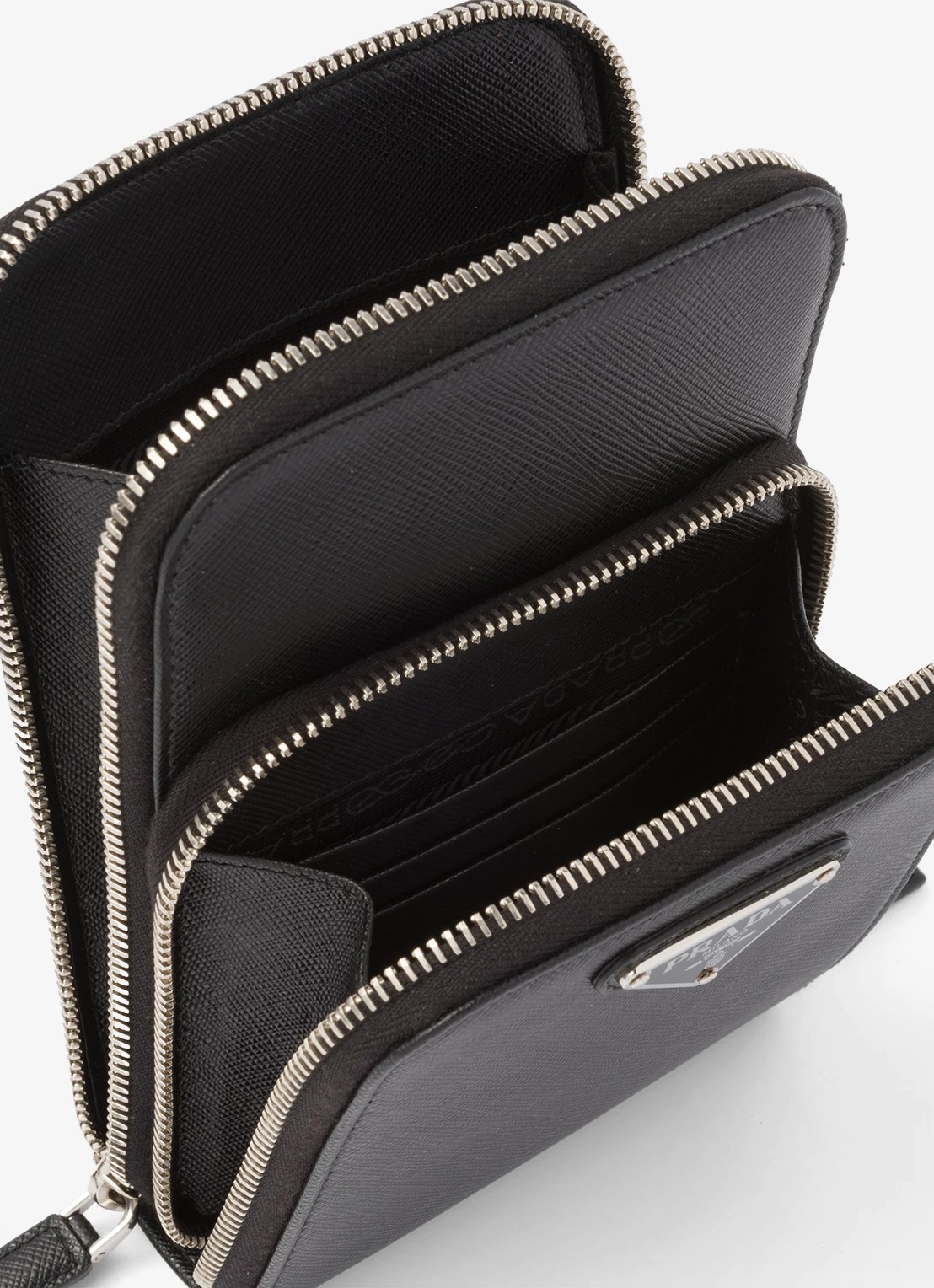 Prada Telefoonhoes van leer met afneembare schouderriem - detail 2 zwart