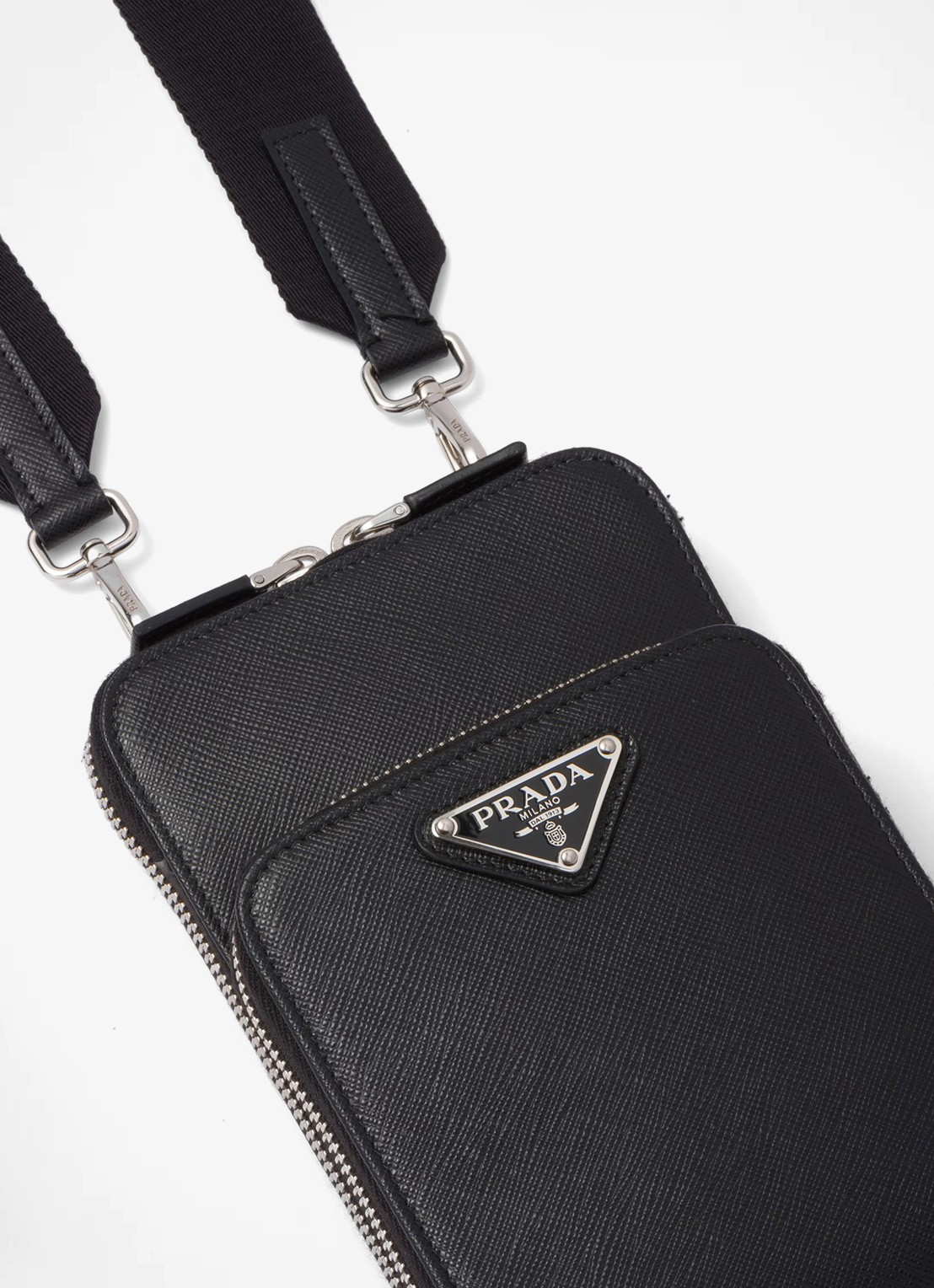 Prada Telefoonhoes van leer met afneembare schouderriem - detail 3 zwart