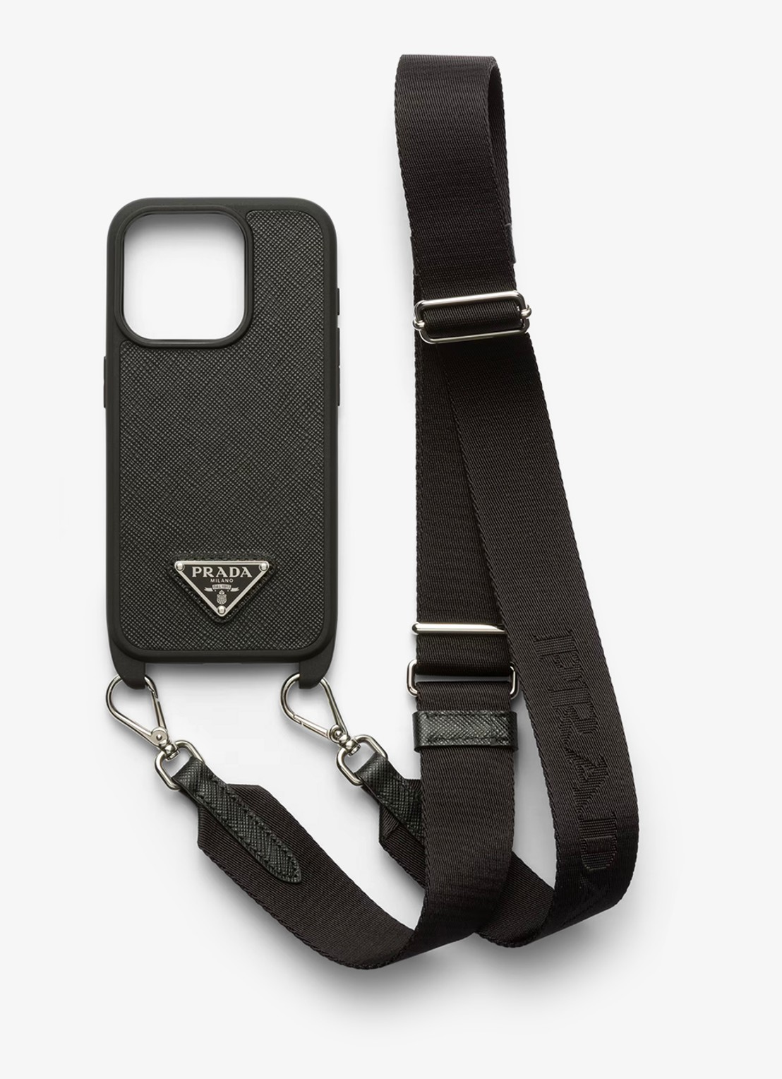 Prada Telefoonhoes van leer voor iPhone 15 Pro - voorkant zwart