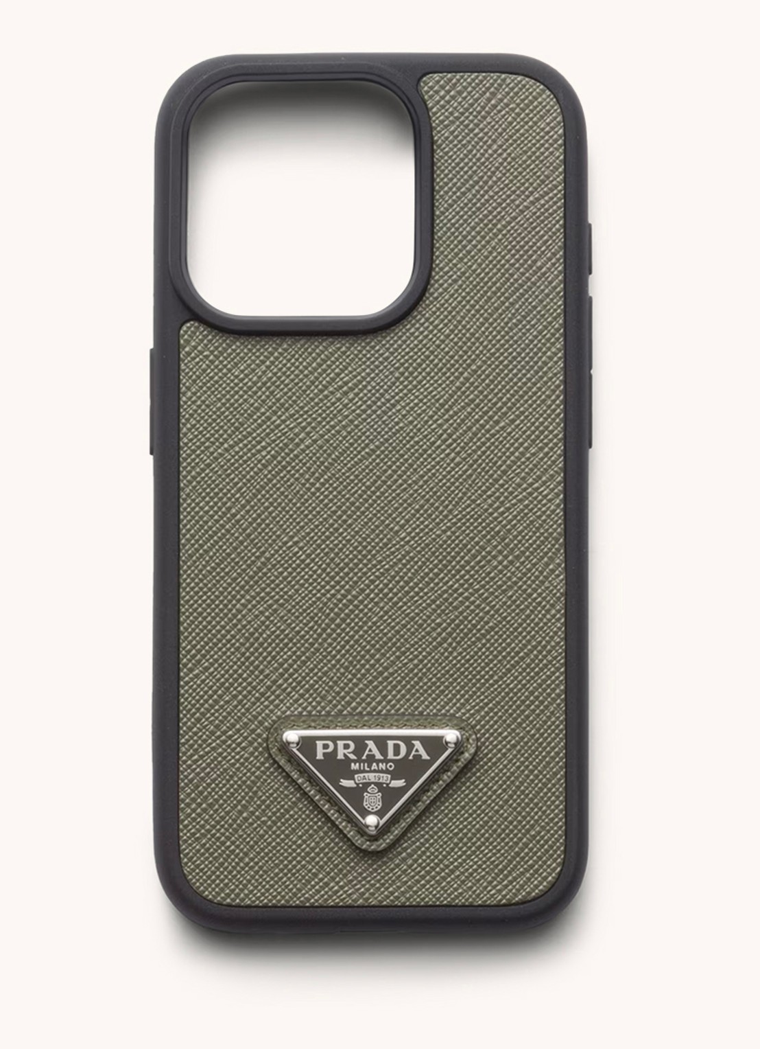 Prada Telefoonhoes van leer voor iPhone 15 Pro - voorkant olijfgroen