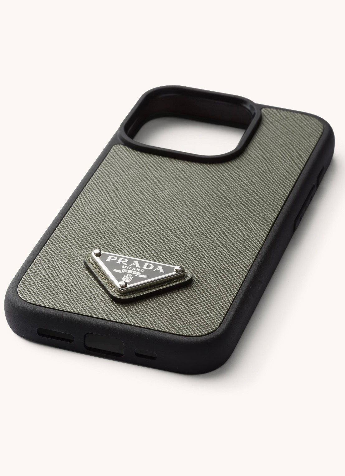 Prada Telefoonhoes van leer voor iPhone 15 Pro - voorkant 2 olijfgroen